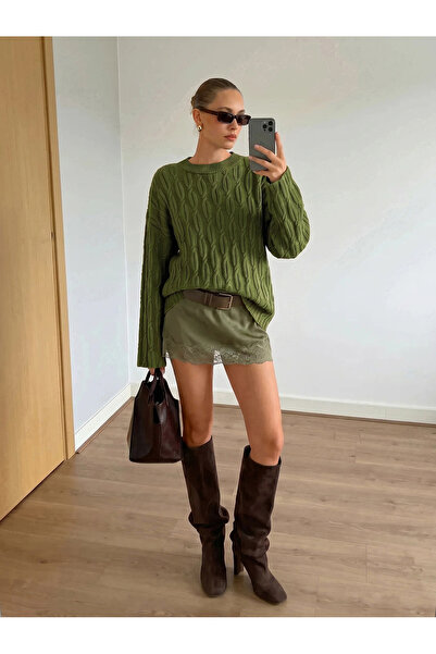 MARLİNG Women's Khaki Hair Braided Patterned Oversize Knitwear Sweater