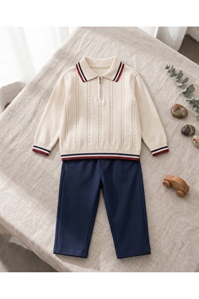 Valia Baby Classic Polo Collar Linen Trousers and Knit Sweater Baby Boy Set