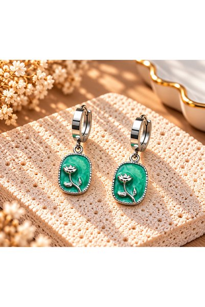 Bluw Jewelry أقراط فولاذية متدلية على شكل وردة روزيل