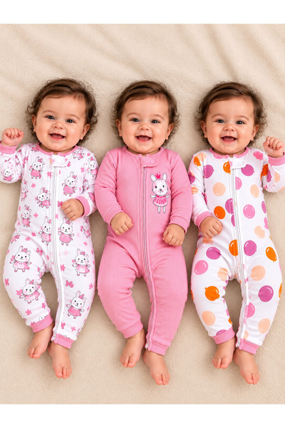 PonçiKids Premium Bebek Fermuarlı 3’lü Tulum Seti – Yumuşak Kumaş, Konforlu v...