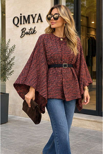 QİMYA BUTİK 4S Women's Belted Unlined Tweed Poncho Coat