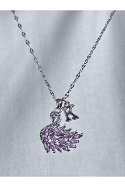 bijoux uniques 316L çelik aynalı zincir pembe zirkon taşlı K harfli kuğu kolye