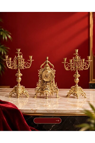 NiLE Luxury Classic Touch Table Clock and Two Candlesticks Set