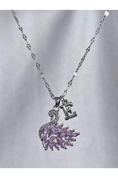 bijoux uniques 316L çelik aynalı zincir pembe zirkon taşlı E harfli kuğu kolye