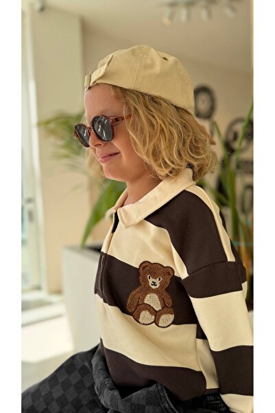 Unisex Çocuk Yaka Detaylı Teddy Armalı Çizgili Sweatshirt