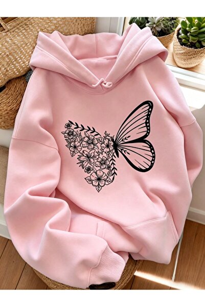 Vordevia Butterfly Printed Premium Oversize Hooded 3 Thread Cotton Sweatshirt