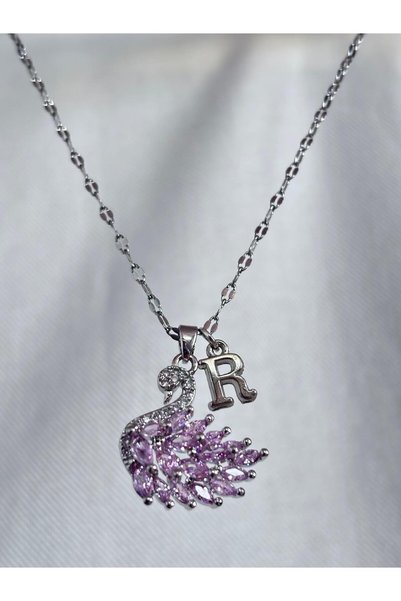 bijoux uniques 316L çelik aynalı zincir pembe zirkon taşlı R harfli kuğu kolye
