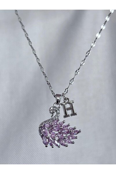 bijoux uniques 316L çelik aynalı zincir pembe zirkon taşlı H harfli kuğu kolye