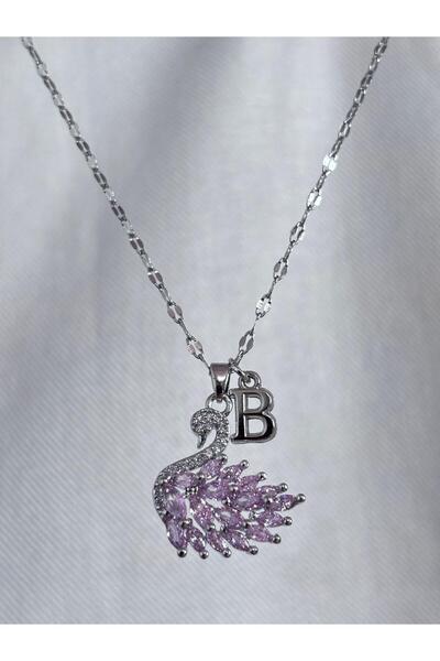 bijoux uniques 316L çelik aynalı zincir pembe zirkon taşlı B harfli kuğu kolye