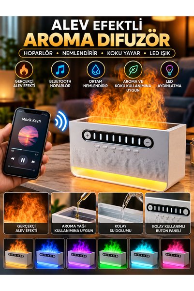 VEROXA Alev Efektli Aroma Difüzör Bluetooth Hoparlör LED Işıklı Hava Nemlendirici Dekoratif Ortam Kokulandırıcı