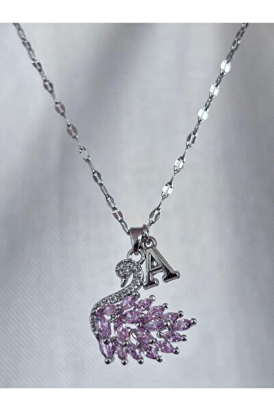 bijoux uniques 316L çelik aynalı zincir pembe zirkon taşlı A harfli kuğu kolye