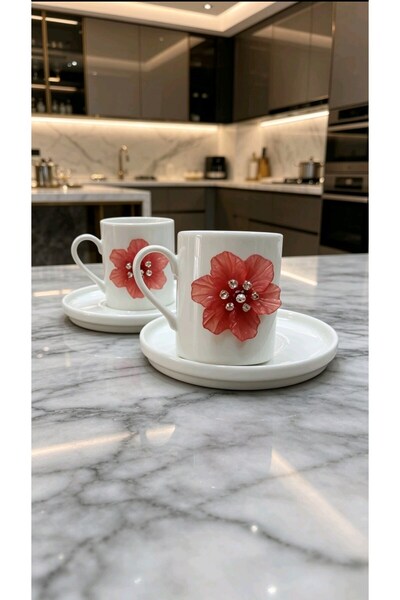 Cetiner Group Çetiner Group ®   Red Flower 2-Piece Porcelain Cup Set