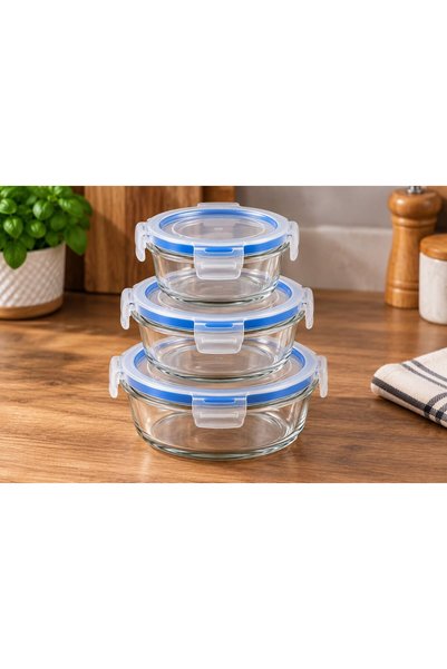 OEM Set 3 Caserole Sticlă Green Apple cu Capace Ermetice și Clips, pentru Depozitare Alimente, 400/630/950 ml