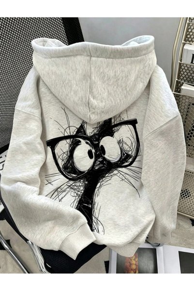 one button Unisex muška/ženska crna mačka sa naočarima, premium dukserica sa ...