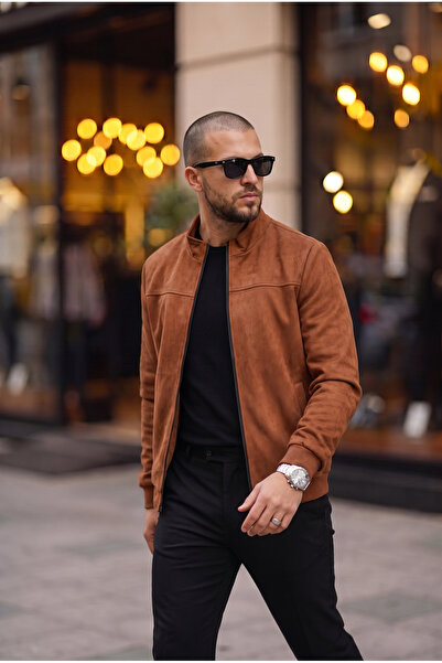 BASEL.CO Basic Slim Fit Seasonal Stand Collar Suede Jacket