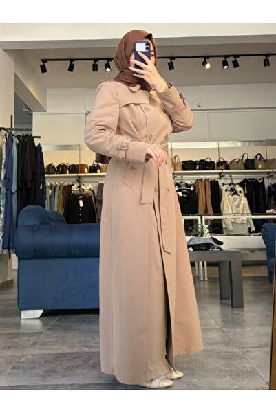 Zühre Kadın Kruvaze Yaka Beli Kuşaklı Uzun Trençkot 12528