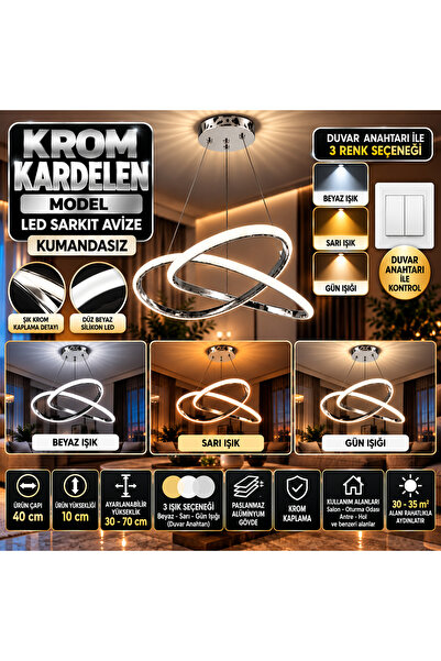 mubeda aydınlatma Krom Kardelen Model LED Sakıt Avize - 3 Renk Aydınlatma Seç...