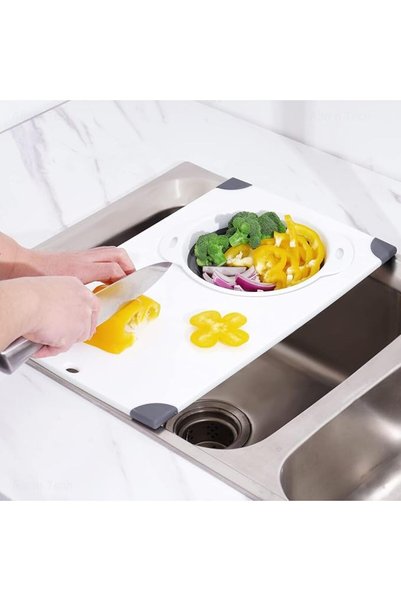 KASTWAVE Over the Sink Cutting Board with Collapsible Colander, 2-in-1 Sink D...