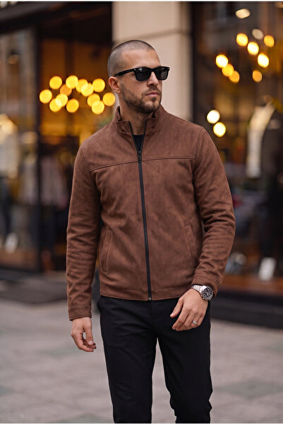 BASEL.CO Basic Slim Fit Seasonal Stand Collar Suede Jacket