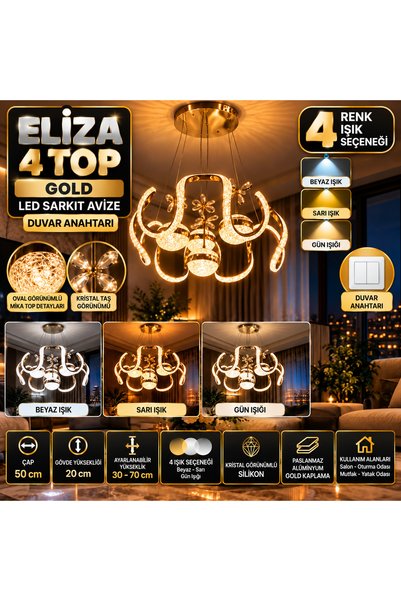 mubeda aydınlatma Eliza 4 Top Gold LED Sarkıt Avize - 3 Renk Aydınlatma Seçen...