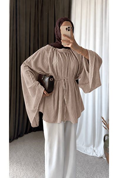 Hepsi Moda İspanyol Kol İnce Çizgili Oversize Tunik - Vizon