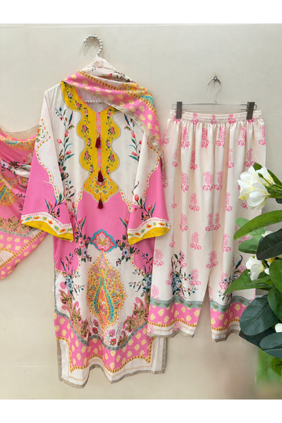 Bazm-A Fashion Atelier YELLOW/PINK-3 PCS VIRAL KAFTAN STYLE