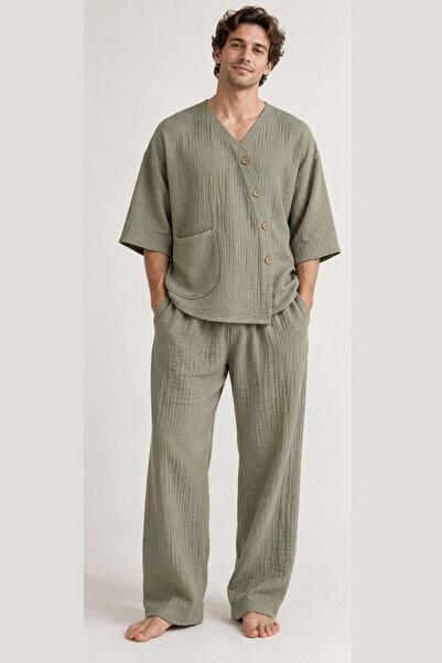 RELAXL Erkek Müslin Pijama Takımı Kısa Kollu S-10XL Haki