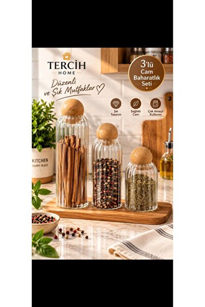 Tercih Home Set of 3 Glass Jars with Wooden Ball Lids, Sugar Bowl, Snack Bowl...