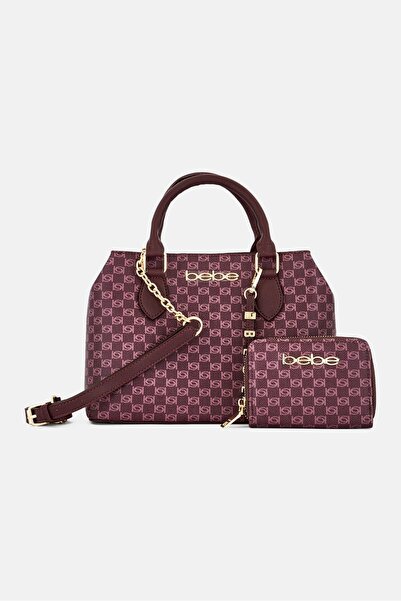 Bebe Women Brand Logo Satchels Bag With Wallet, Burgundy