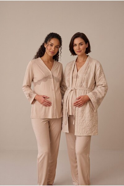 LOHOUSE Women's Beige Front Buttoned Lace Detailed Long Sleeve New Season Win...