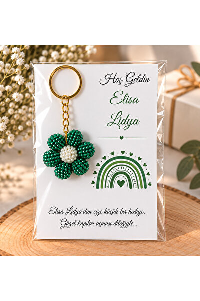 Kişiye Özel Boncuk Çiçek Anahtarlık Kartlı Bebek Mevlüt Doğum Baby Shower Hediyeliği 15 Adet