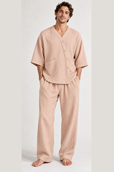 RELAXL King Size Men's Muslin Pajama Set Salmon Color