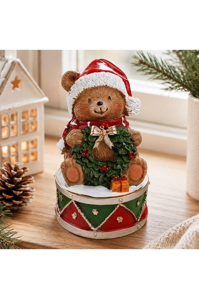 DD SHOP Figurină decorativă de Crăciun, ursuleț pe tobă, cu căciulă și fular ...