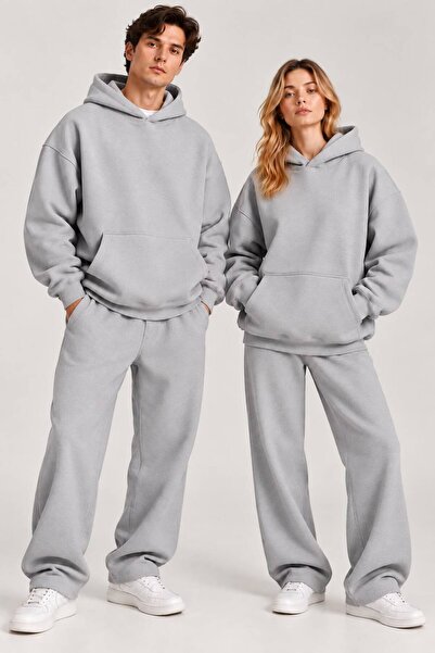 Unisex Oversize Gri 3 İplik Şardonlu Kapüşonlu Kanguru Cep Sweatshirt Hoodie