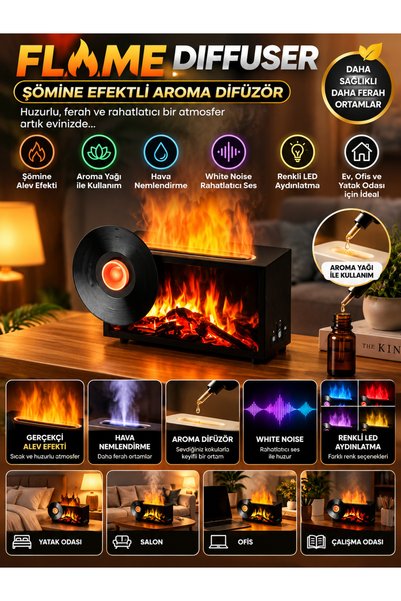 VEROXA Flame Diffuser Şömine Efektli Aroma Difüzör Hava Nemlendirici White Noise