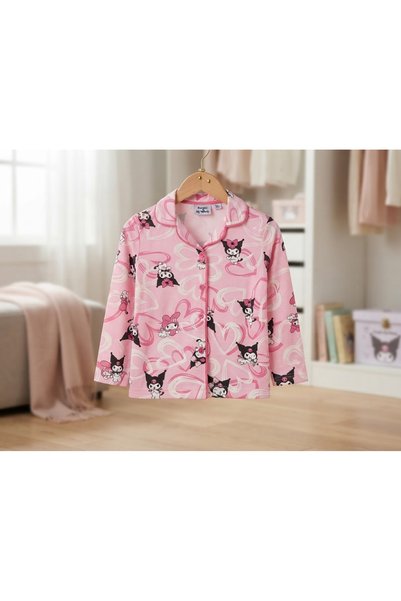 PİJAKİDS Kuromi Printed Eye Patched Front Buttoned Girls' Pajama Set Thin Fabric Fits Tightly