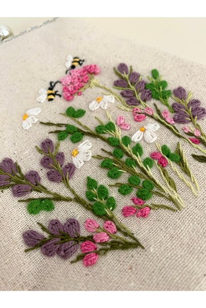 Arzu Demir 100% Hand Embroidered Vintage Cream Linen Bag. Wildflower Themed .18X18 Cm, Lightweight Bag