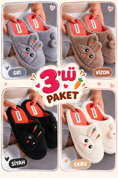 STOCON 3'lü Paket Yumoş Tavşan Havuç Nakışlı Kadın Kışlık Ev Terliği Çeyiz Te...