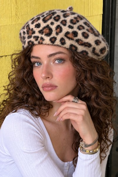 Mollycrush Beretă de pictor cu imprimeu leopard crem pentru femei |   Pălărie...