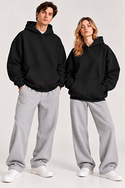 Unisex Oversize Siyah 3 İplik Şardonlu Kapüşonlu Kanguru Cep Sweatshirt Hoodie