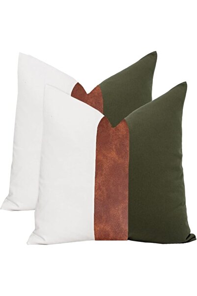 Vfuty Set of 2 Faux Leather and Cotton Patchwork Throw Pillow Covers 18x18 In...