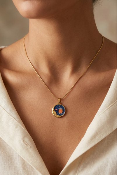 Okapi Steel Navy Blue Moon and Sun Figured Medallion Necklace