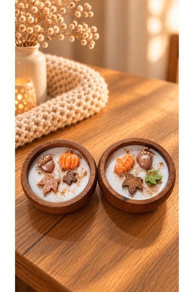 Sonbahar Esintisi 2’li Ahşap Kase Soya Wax Mum Seti – Balkabağı & Tarçın Kokulu 120 g x 2