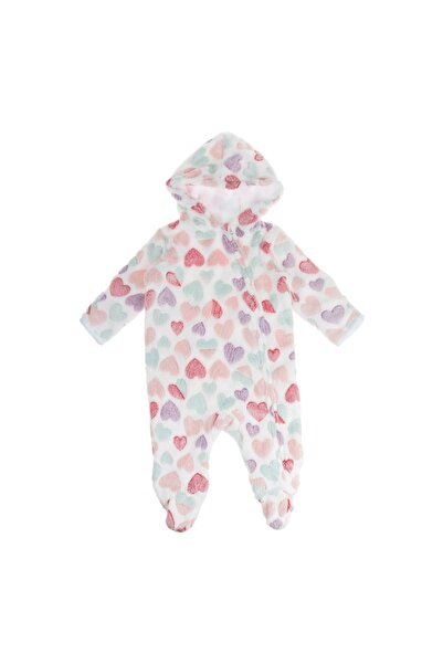 DD SHOP Salopeta Fleece Alba cu Gluga & Model Inimi Colorate pentru Bebelusi