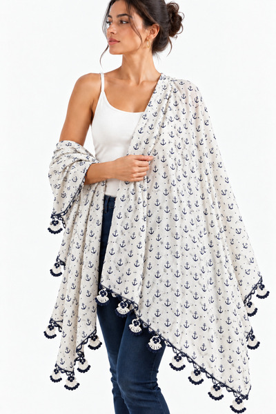 İna Handmade Knitted Anchor Patterned Cotton Bohemian Shawl