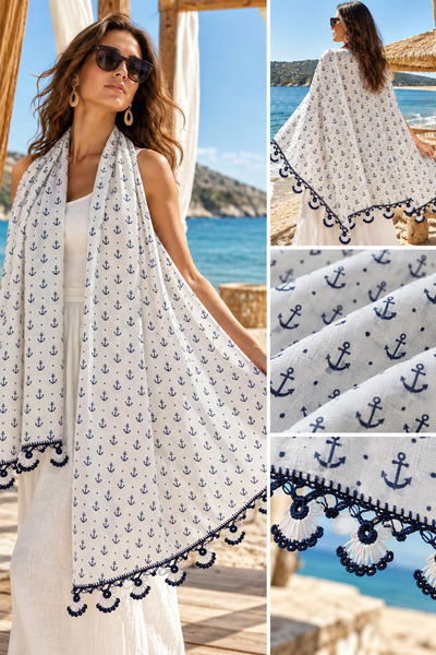 İna Handmade Knitted Anchor Patterned Cotton Bohemian Shawl