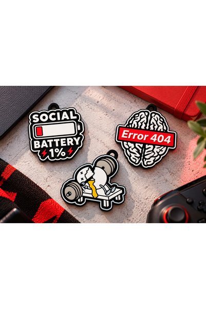 OEM Set Brelocuri Amuzante 3D – Social Battery, Error 404 și Gym Fail