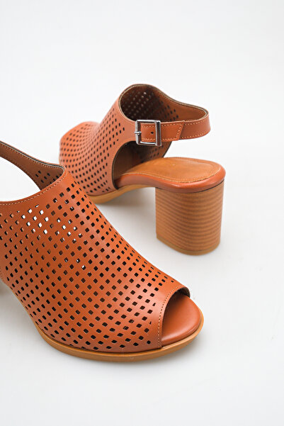 Rella Tan Laser Cut Women's Open Toe Thick Heeled Daily Sandals