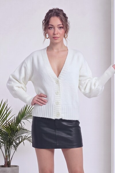 zks grup tekstil Women's V-Neck Buttoned Balloon Sleeve Knitwear Cardigan Pin...