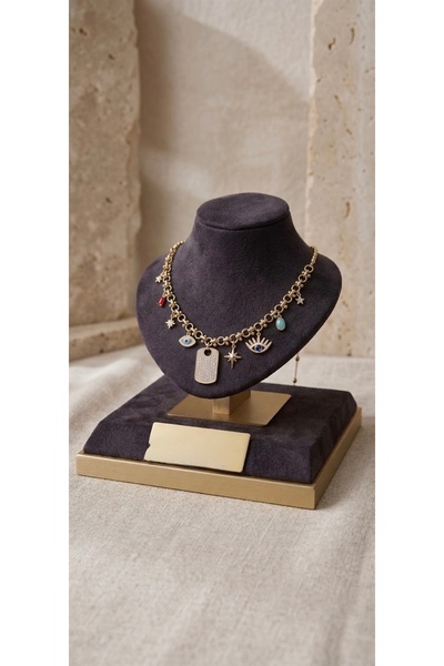Genel Markalar Gold Charm Detaylı Taşlı Şık Kadın Kolye